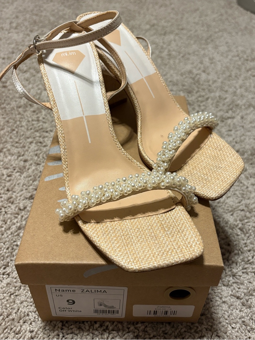 Pearl-Trim Ankle-Strap Heels in Beige